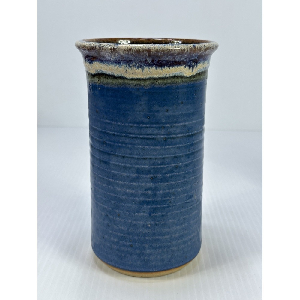 Kaddim Pottery Studio Pottery Vase Utensil Holder Wheel Thrown Blue Stoneware